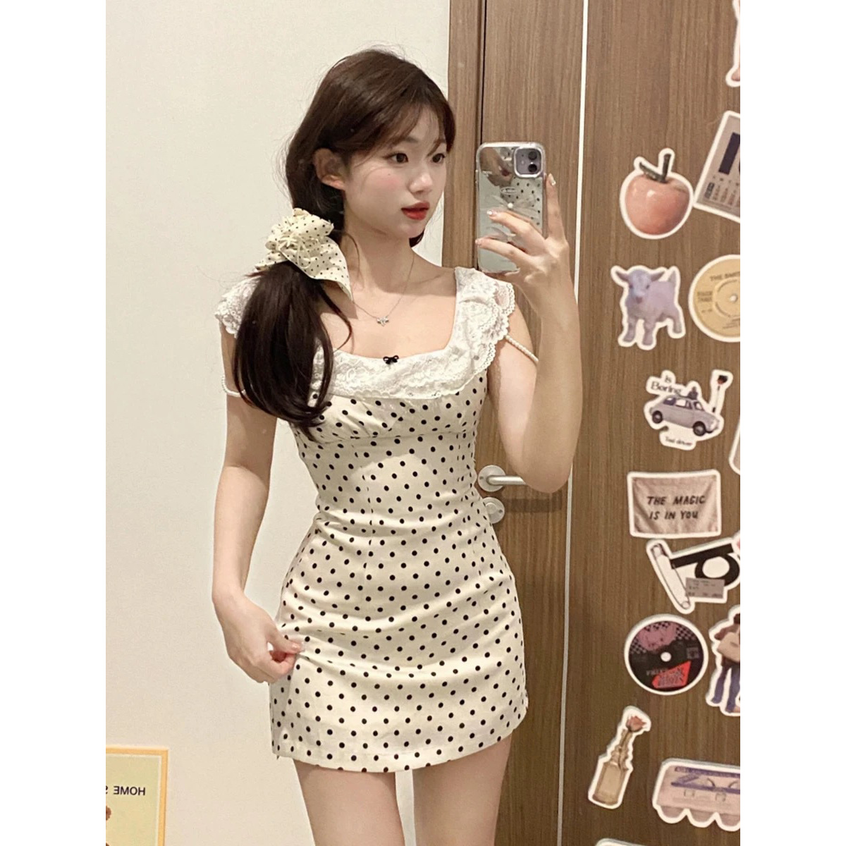 Catyears猫年曲奇慕斯~甜美白色波点短裙蕾丝微胖女装显瘦套装