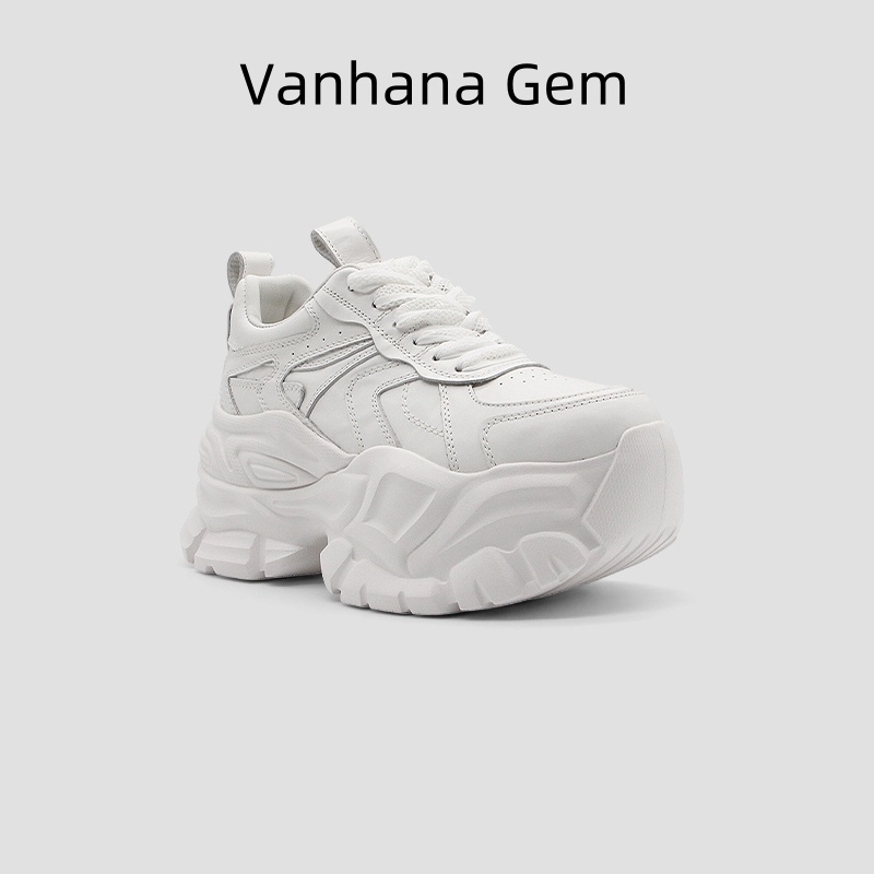 VANHANA GEM新款炸街老爹鞋女真皮厚底松糕鞋增高8CM欧货小白鞋