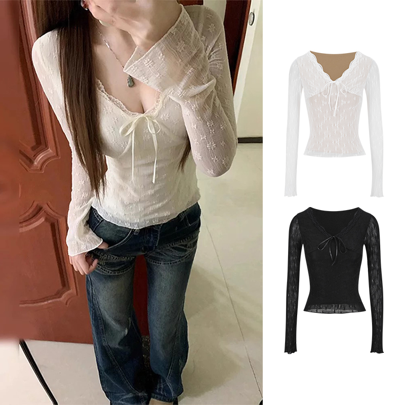 Moses Queen/魔西女王纯欲性感蝴蝶结V领蕾丝衫短款辣妹长袖上衣