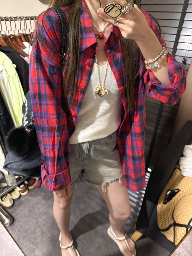 【思含】夏季百搭红蓝格子休闲女衬衫
