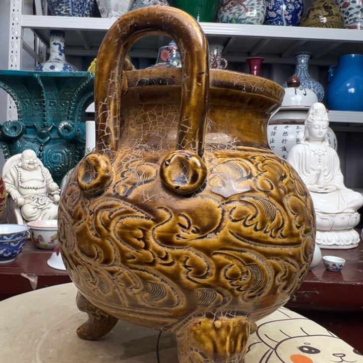 其他陶精美瓷器耀州酱釉三足炉