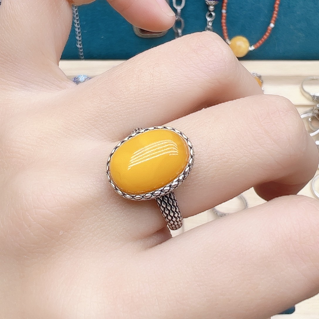 蜜蜡戒指银S925镶嵌天然