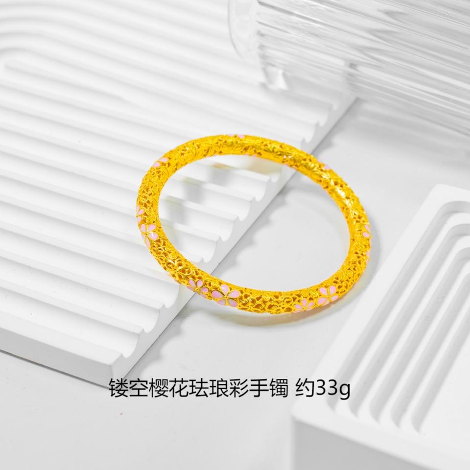 足银手镯 银手镯 时尚百搭 经典款式 镂空樱花珐琅彩手镯 