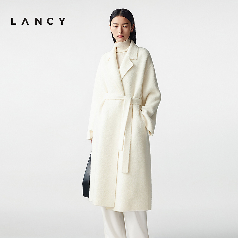 LANCY/朗姿2025冬新款气质羊毛羊驼毛双面呢长大衣翻领毛呢外套女