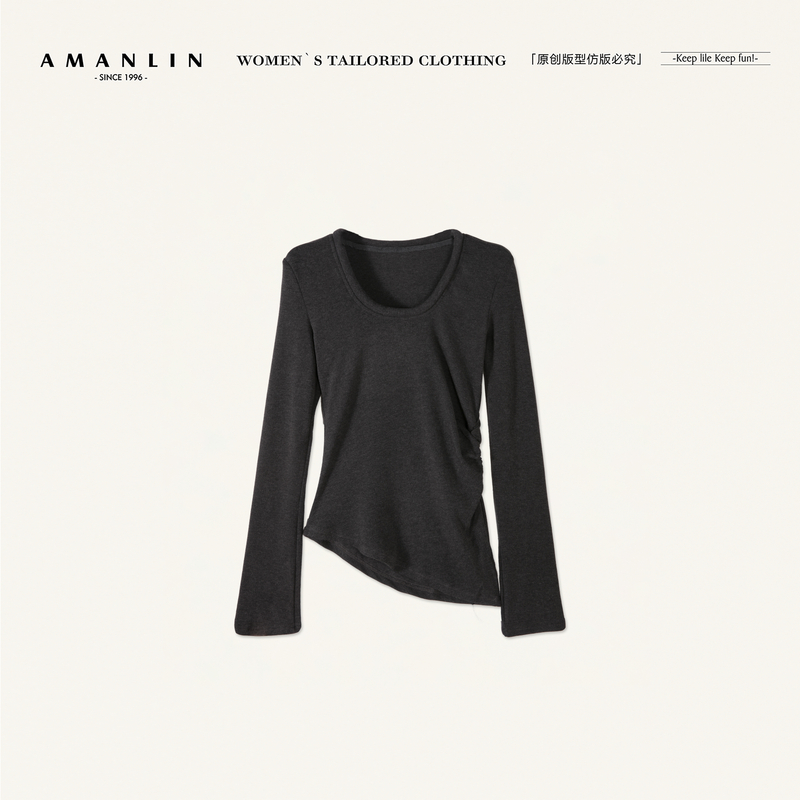AMANLIN/阿谩琳琥珀流光大U领显瘦长袖T恤女修身显瘦上衣X603155