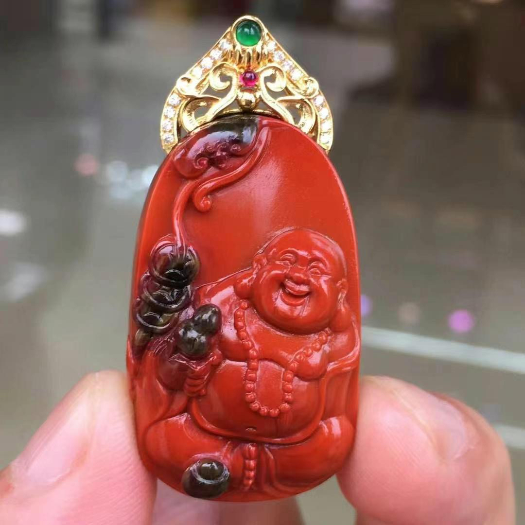 传承铁皮鸡血包浆弥勒佛K金吊坠