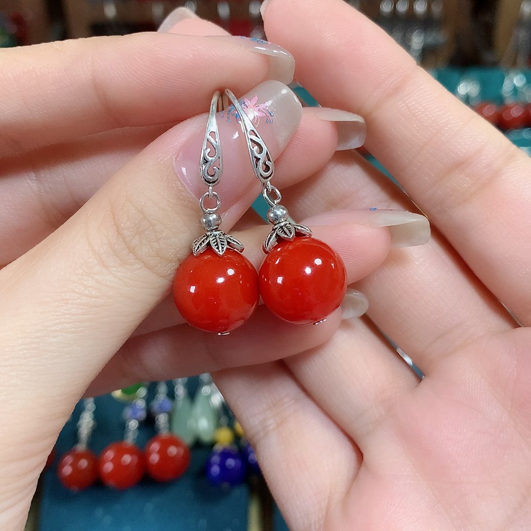 玛瑙/玉髓耳饰银S925镶嵌卡12左右（锦红）