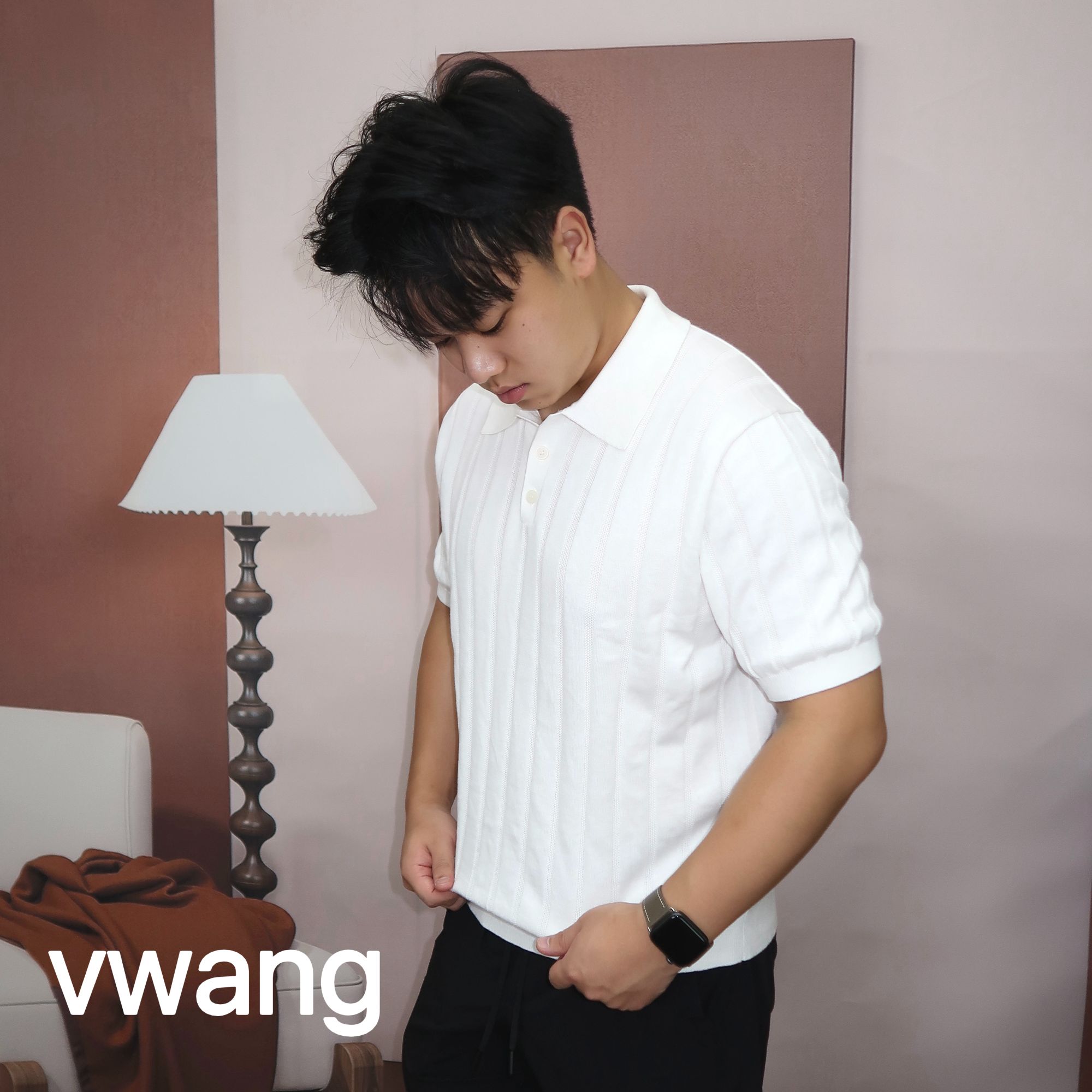 vwang【云感素织】竖纹针织Polo衫短袖春夏常规款纯色