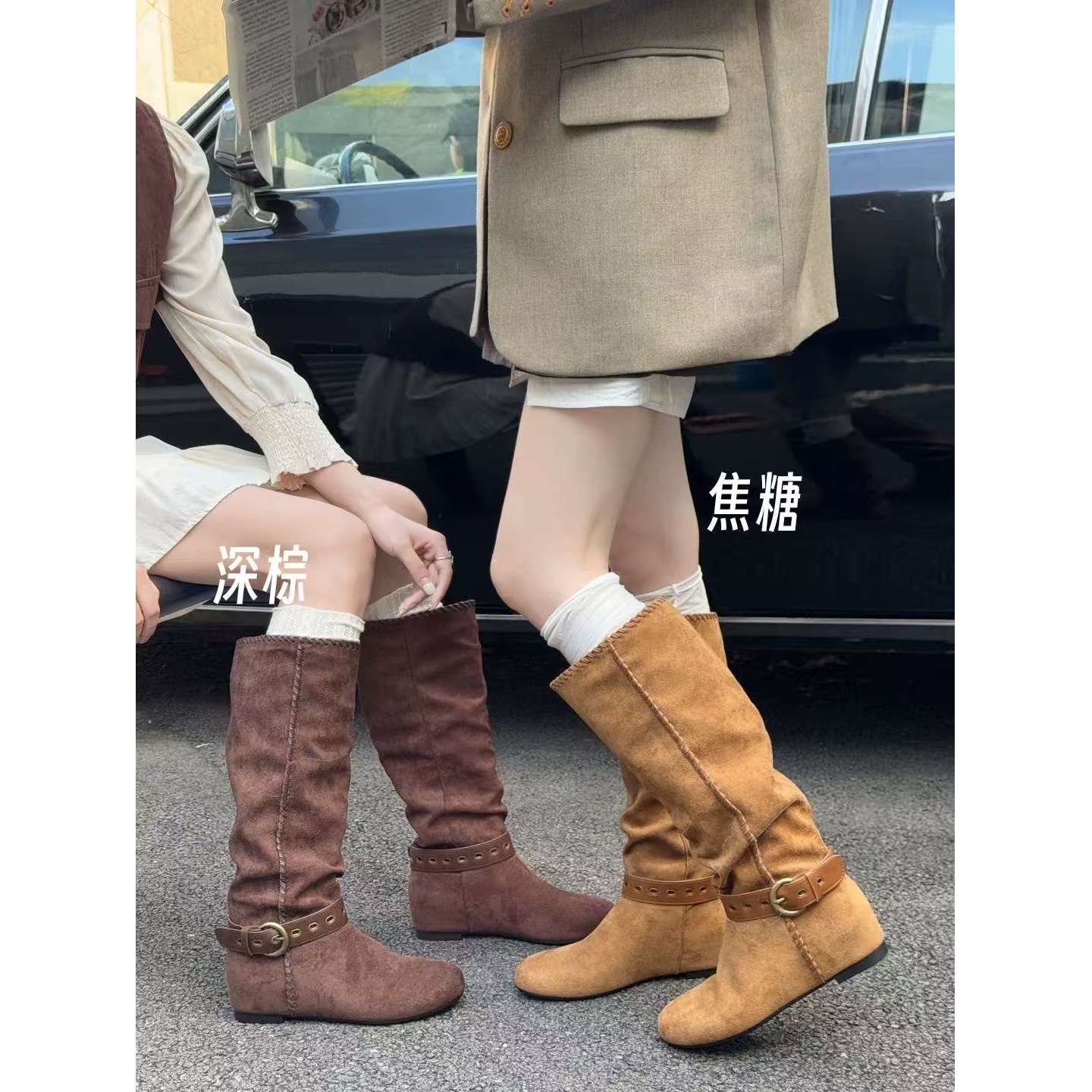 厚底靴女新款复古显瘦马丁套筒时装长靴95-8162（不加绒）