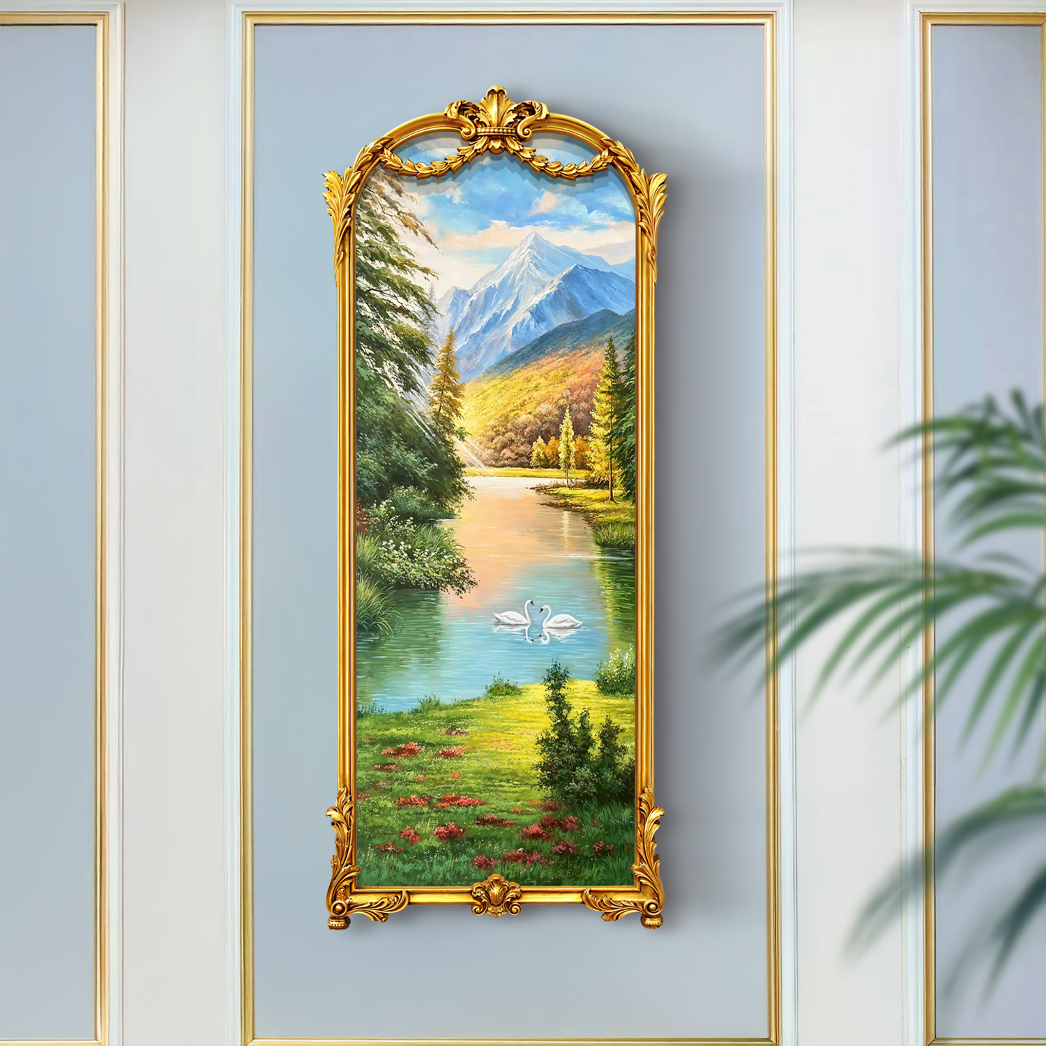 入户玄关竖版挂画欧式壁画美式画走廊山水风景天鹅手工油画装饰画