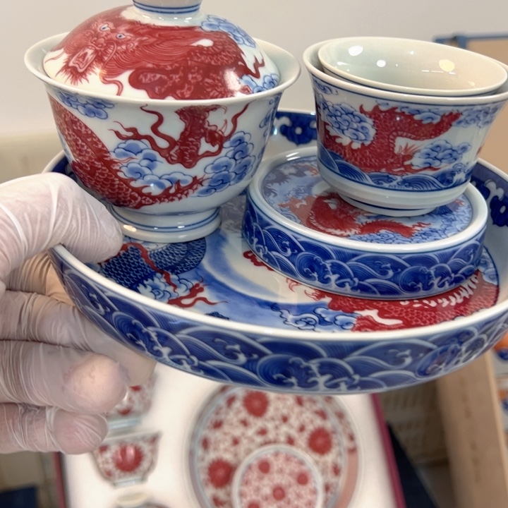 瓷片白青花釉里红双龙戏珠五件套全品