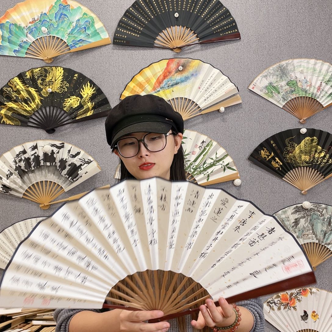 书法10寸红木-纯手绘-文玩扇骨（默认粘好）