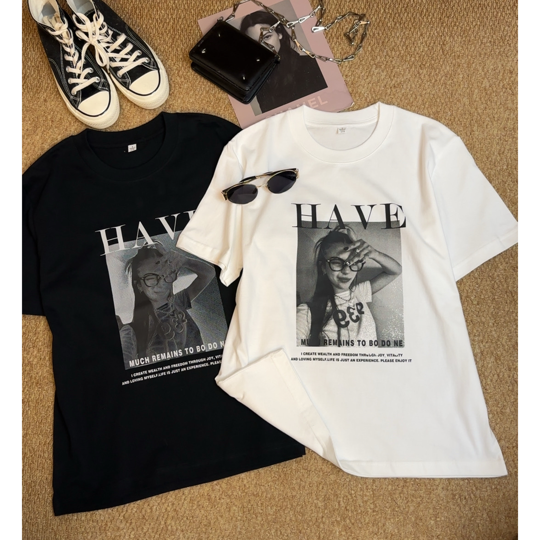 早秋2025新款短袖印花T恤女宽松休闲百搭圆领上衣