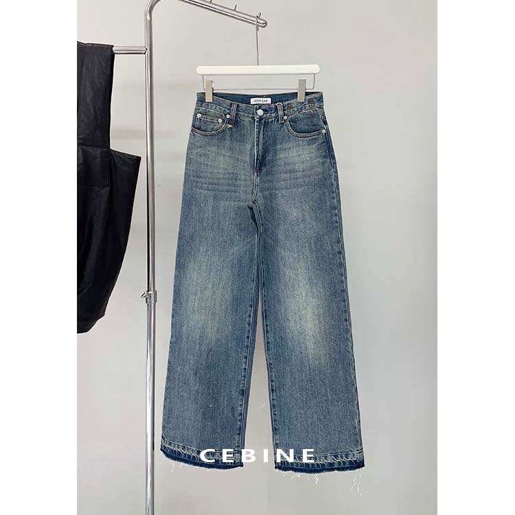清！宽松男友风毛边拉须直筒阔腿牛仔裤