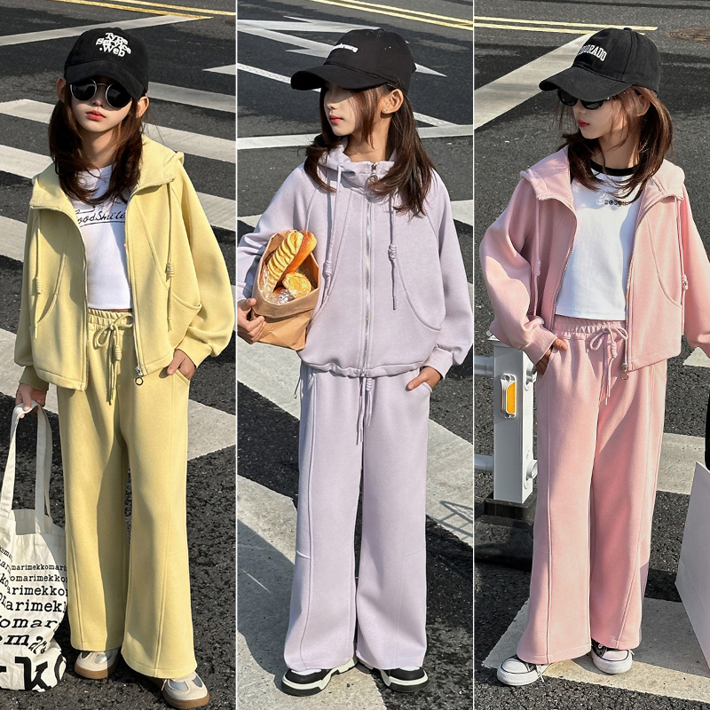 女童春秋款套装2025新款女大童韩系连帽开衫儿童外套休闲裤两件套