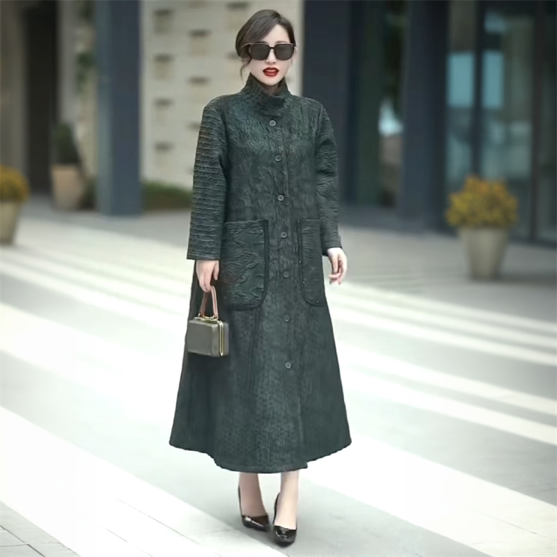 原版风衣大衣大码秋冬提花长款妈妈时尚气质外套高端装阔浮雕新款