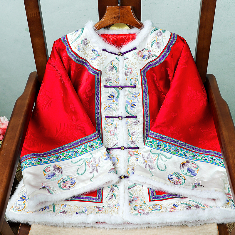 刺绣传统厚款棉服牡丹花圆领棉衣长袖