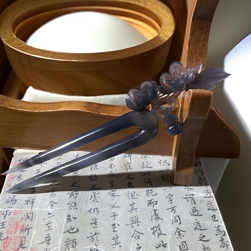 岫玉发簪，烟紫双插，发钗，简约精致款，大气古风，汉服配饰，头饰