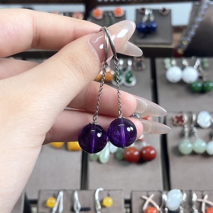 紫晶耳饰银S925镶嵌12左右
