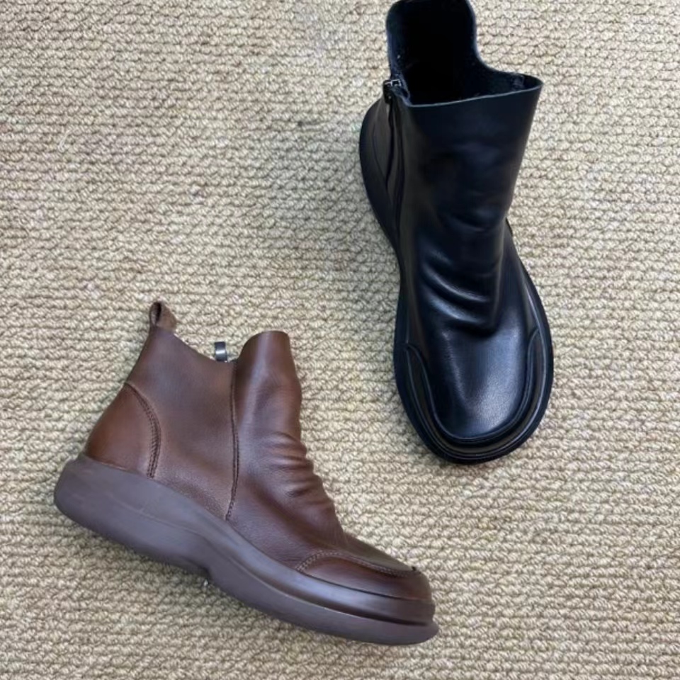 『单/二棉』复古牛皮圆头百搭切尔西短靴