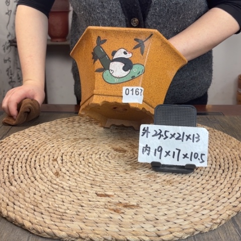 紫砂花盆放漏柴烧熊猫手绘六方盆景盆0167