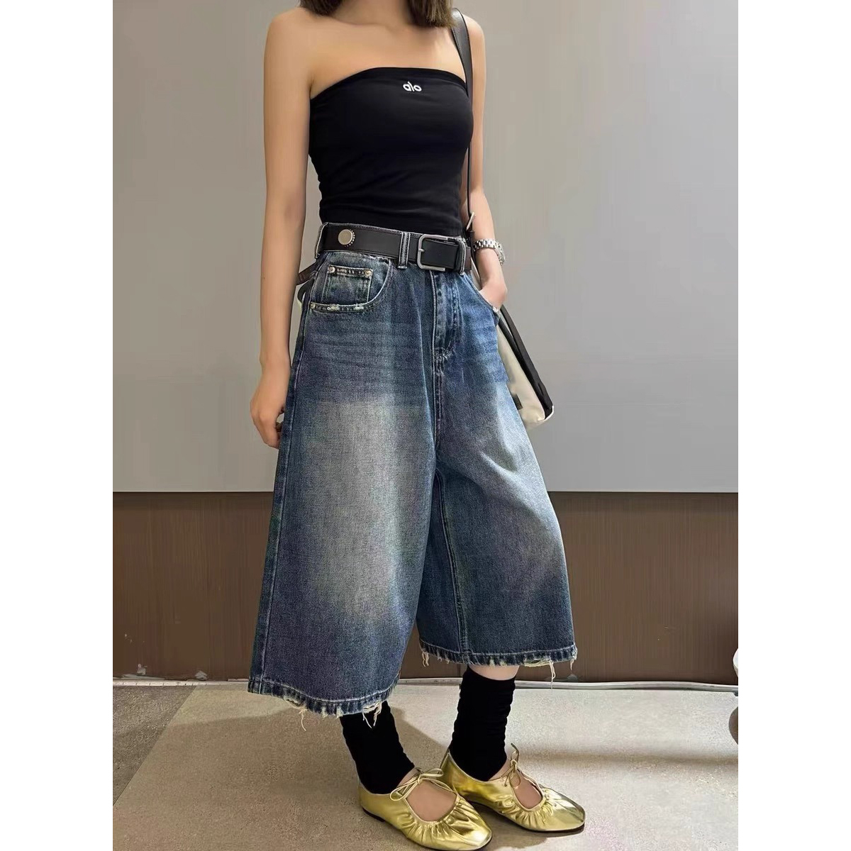 美式复古蓝色毛边牛仔七分裤女夏季磨破宽松阔腿刺绣休闲汽水中裤