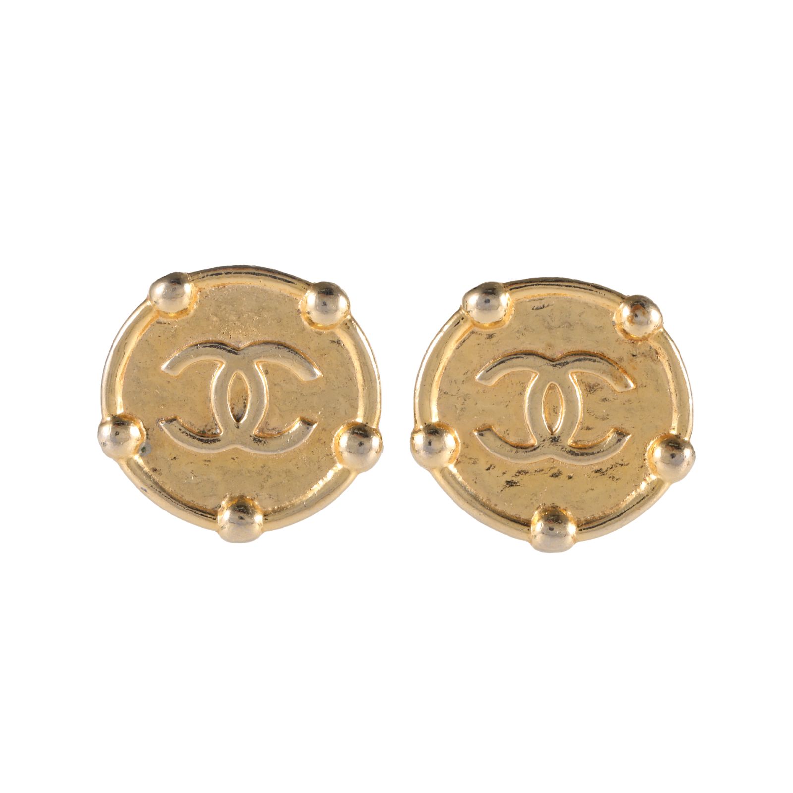 95新 Chanel/香奈儿 小花6枫 中古 黄金色 双C浮雕 圆形耳环
