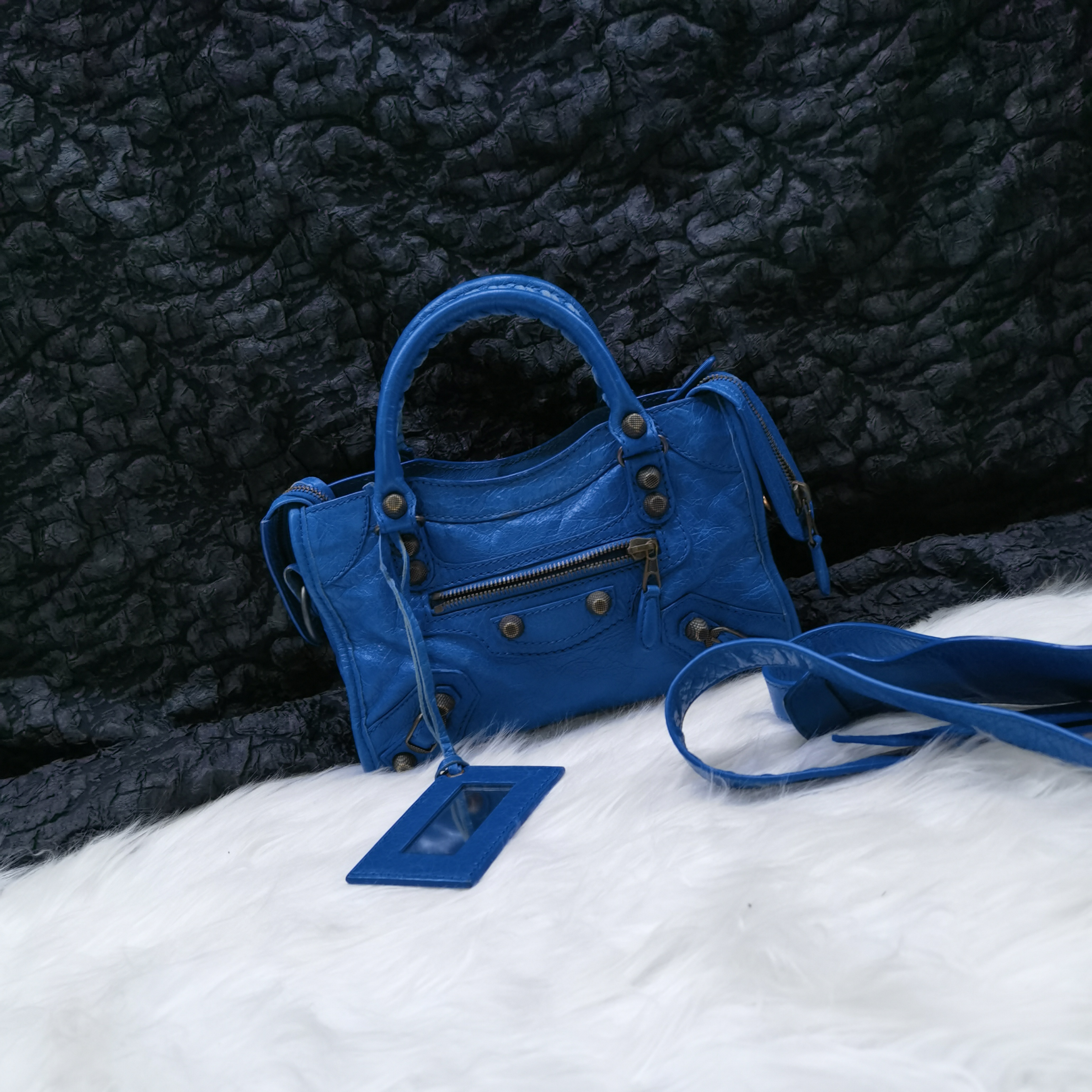 95新 Balenciaga/巴黎世家 巴黎世家宝石蓝色mini小号机车斜挎包
