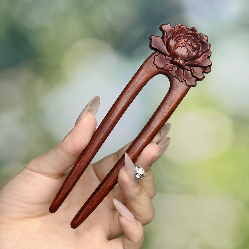 国色牡丹新中式双簪子古风u型发簪紫檀木手工高级感簪子发钗百搭