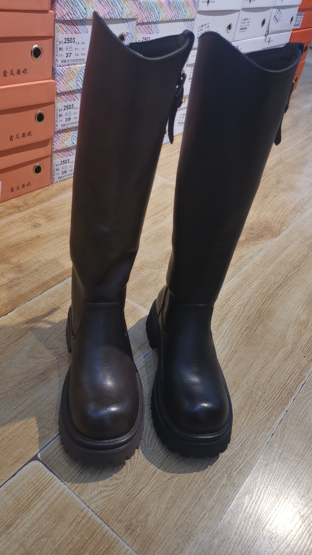 时装靴厚底圆头秋季秋冬冬季高筒靴女鞋女靴长筒黑色