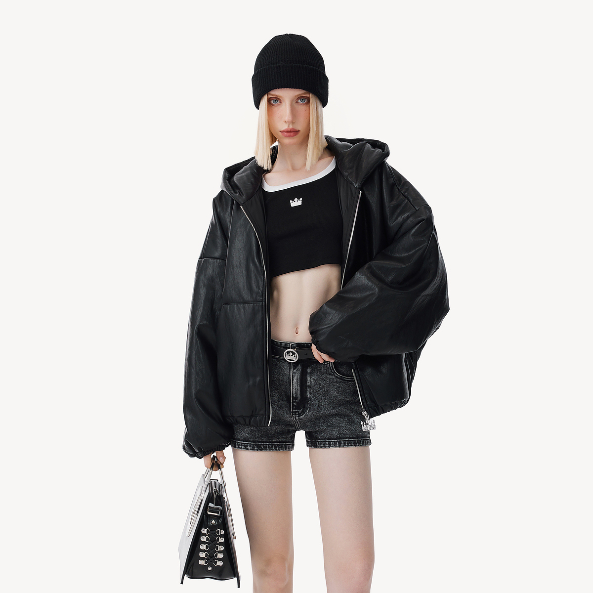 GAFE「经典皇冠」黑色短外套男女同款秋冬轻奢宽松连帽上衣