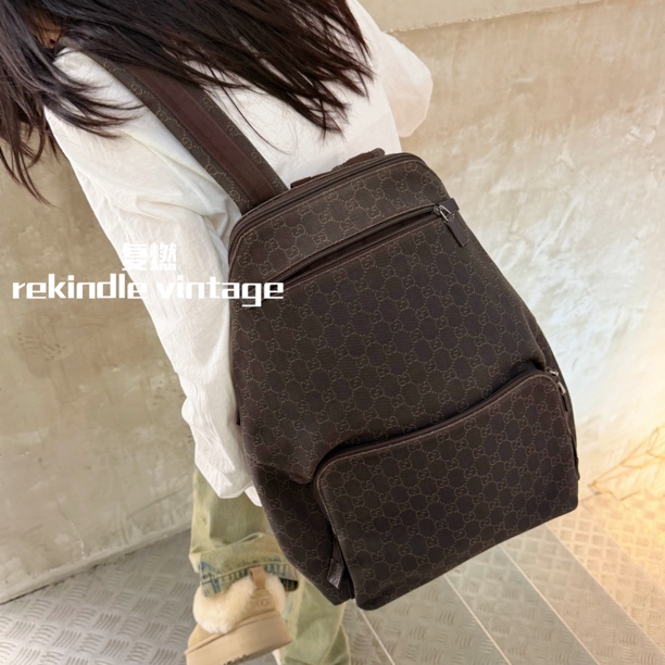 95新 GUCCI/古驰 复燃精选/老花帆布大号双肩包