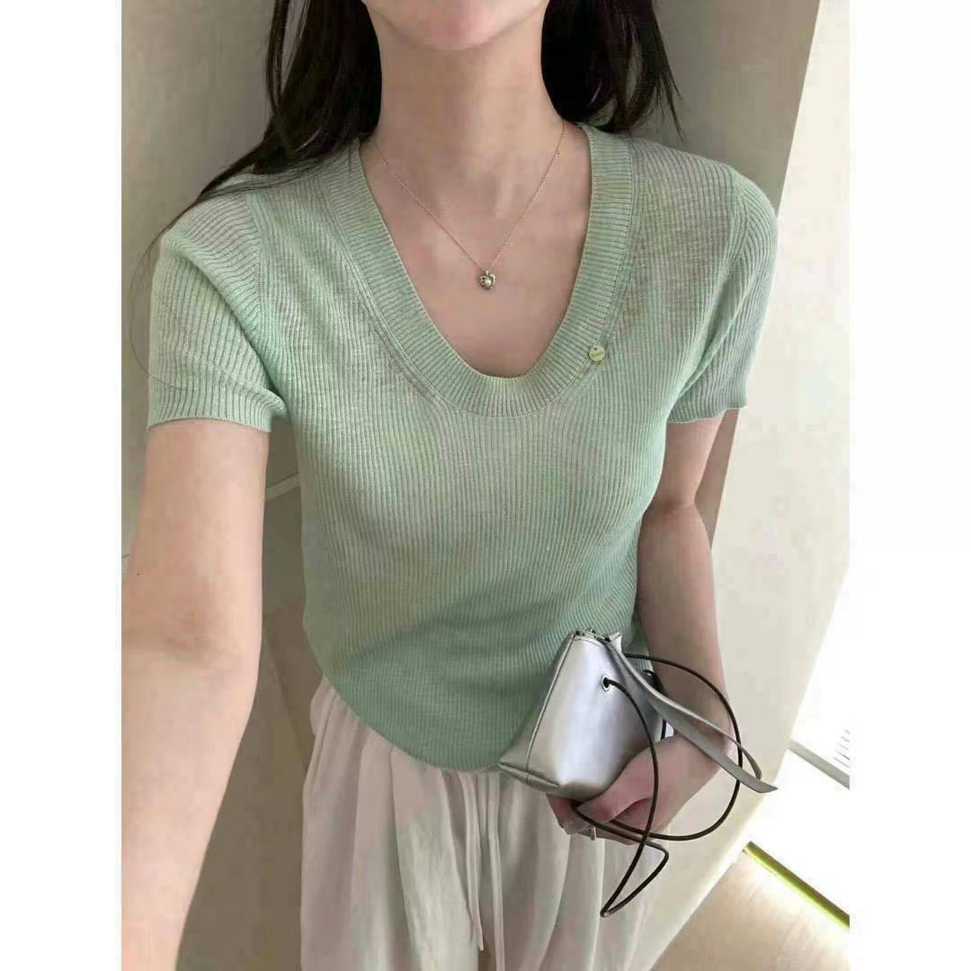 CHAO级推荐！韩系U领显脖子长设计薄款针织短袖女8035