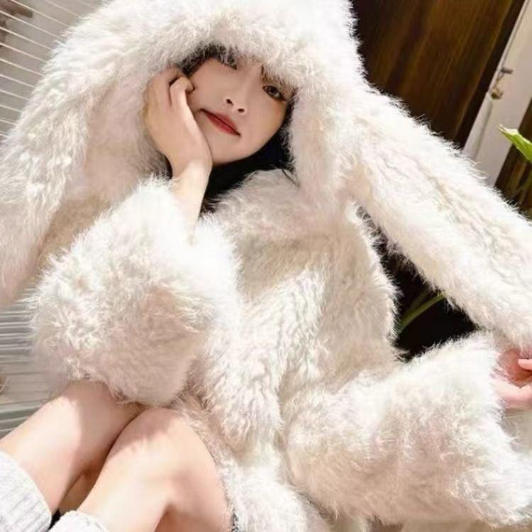 【小宅女】2025冬季网红加绒加厚连帽毛毛外套百搭甜美可爱保暖棉服