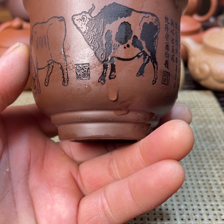 紫砂茶壶五牛图主人大杯子