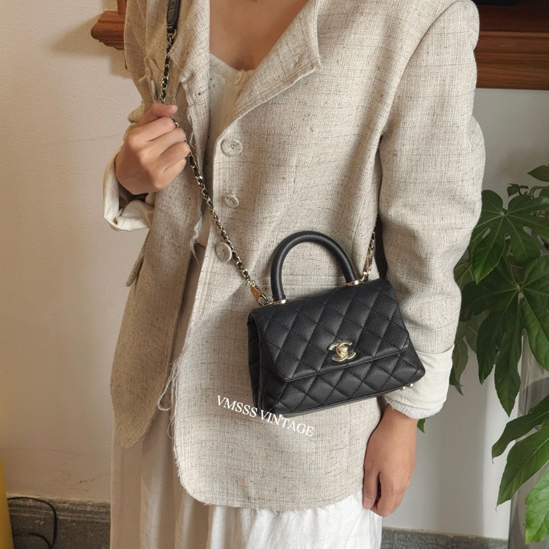 99新 Chanel/香奈儿 coco handle mini黑色小号荔枝单肩33925