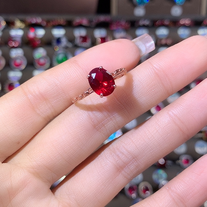 红宝石银S925镶嵌戒指玫瑰金酒红79