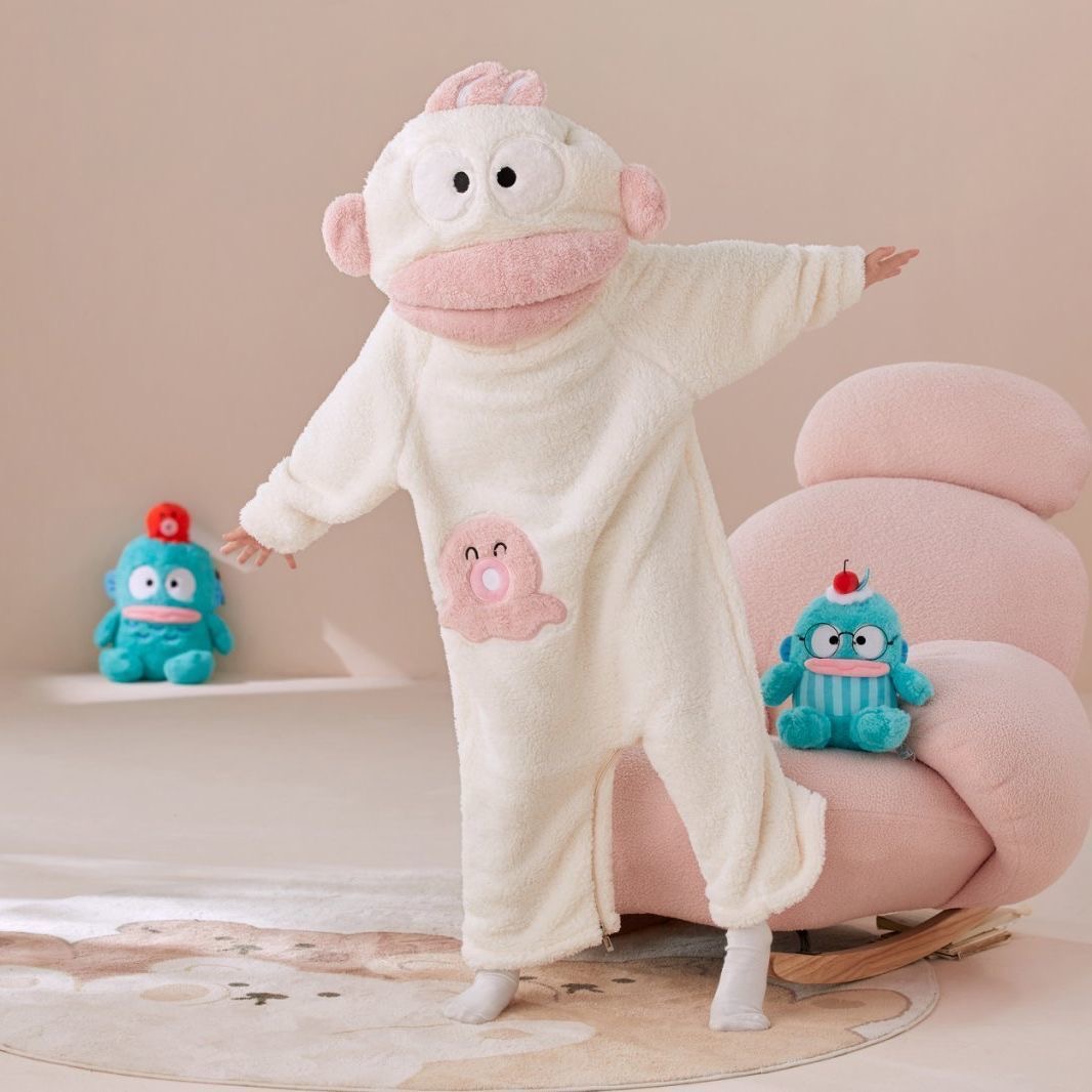 白色卡通搞怪儿童丑鱼汉顿连体睡衣男女冬季加绒加厚珊瑚绒家居服