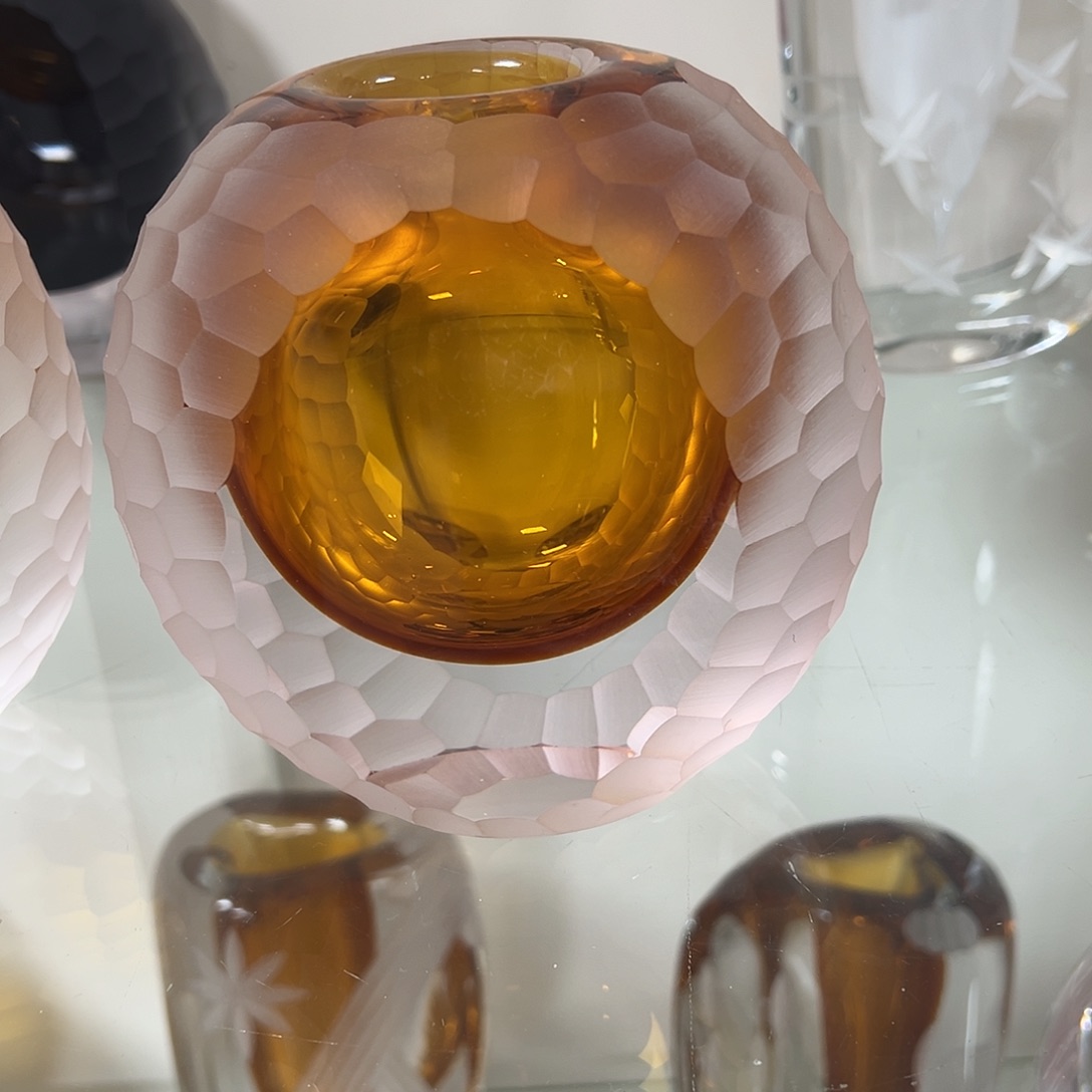 琉璃高14琥珀磨刻琉璃花器