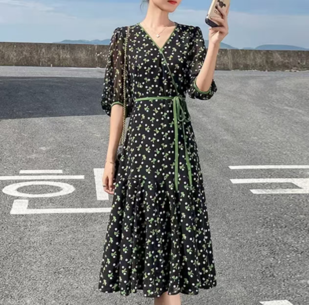 T1536(无腰带）新款时尚收腰显瘦中长款印花连衣裙夏季碎花A5