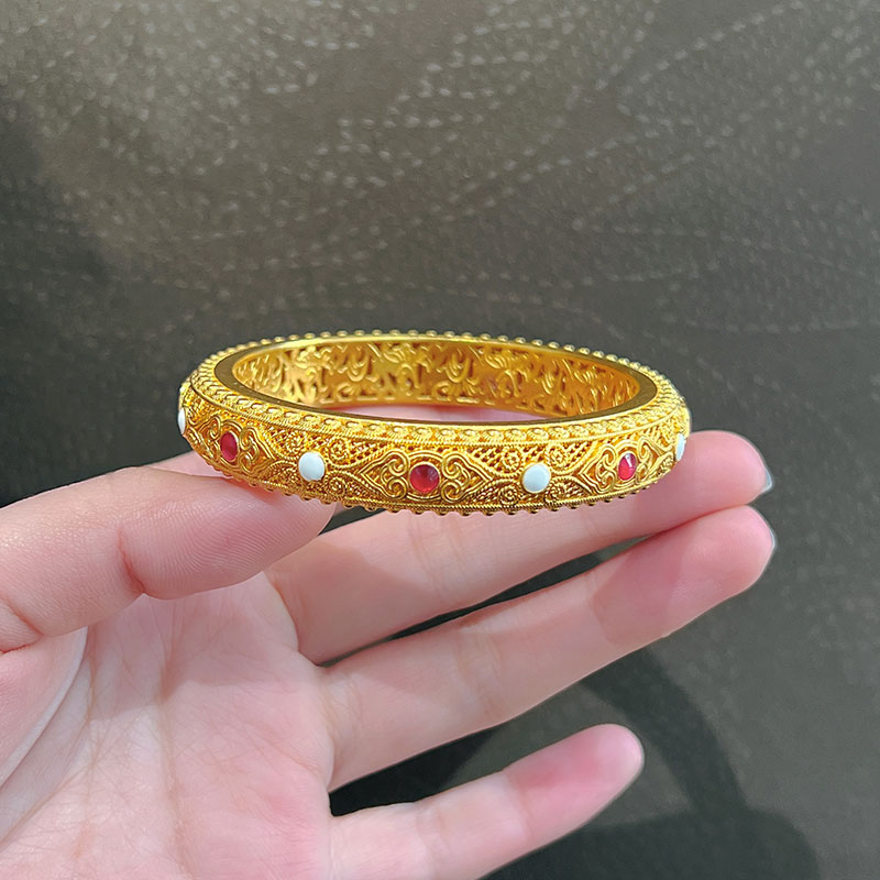 足银珐琅手镯 大牌同款红白镶嵌闭口手镯子花丝镂空婚嫁古法传承