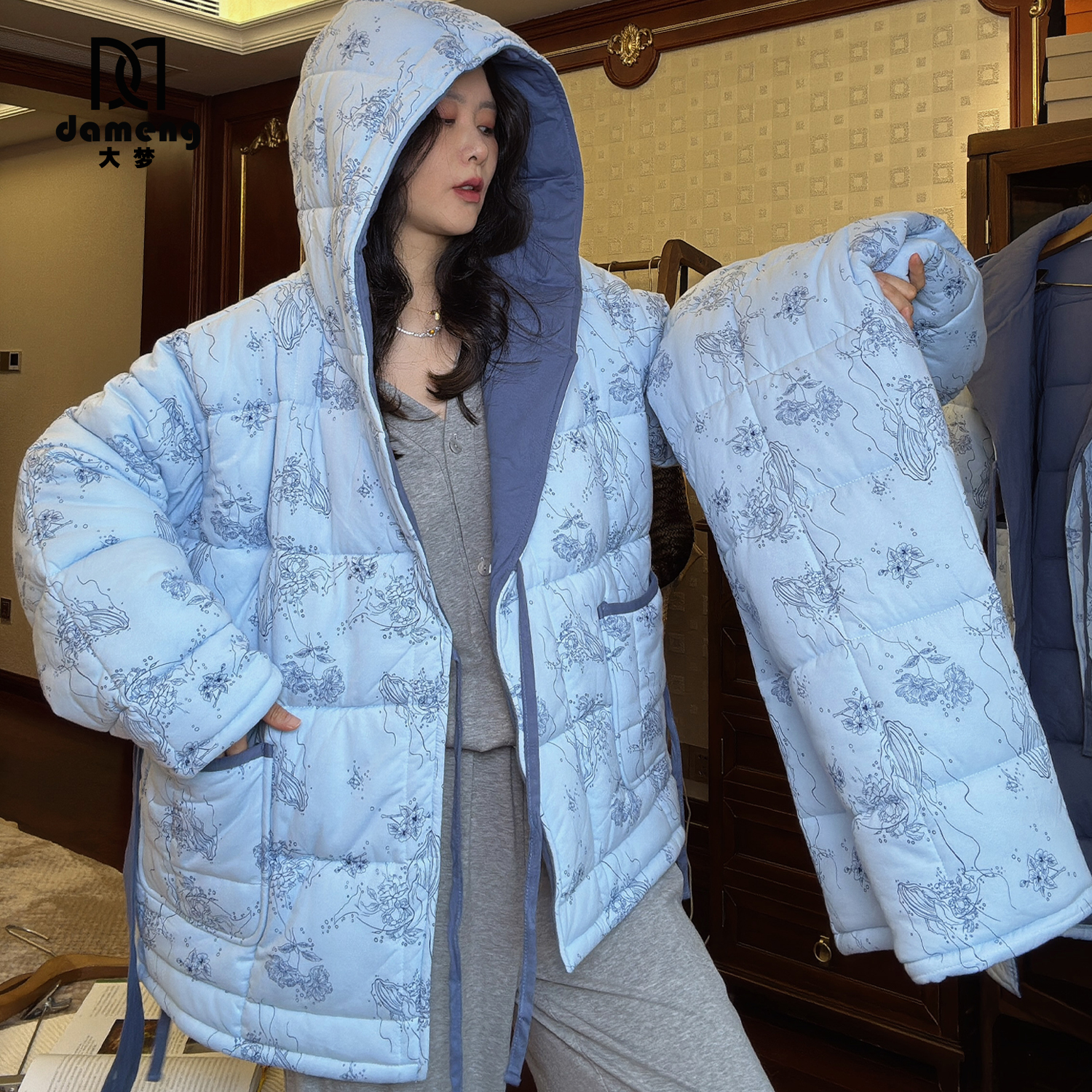 大梦复古加厚保暖棉服斜襟女宽松夹棉冬季睡袍外穿大码家居服套装