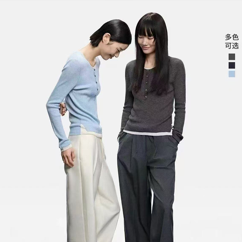 2025精仿100%纯山羊绒衫女圆领假两件鄂家同款