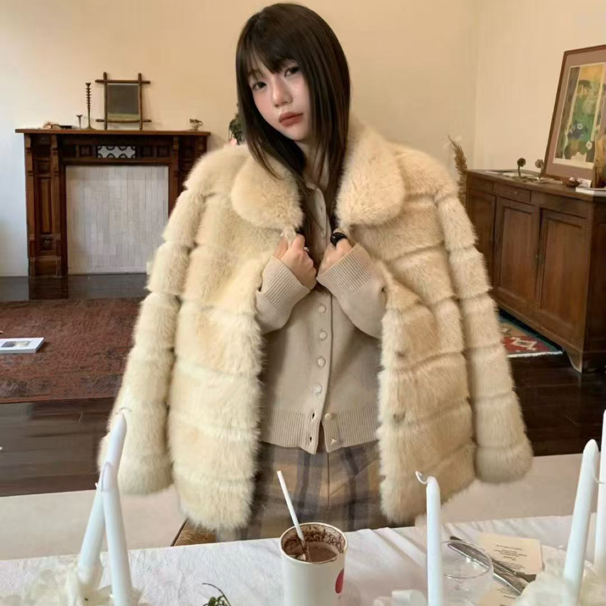 冬季韩系千金风环保奶狐毛翻领毛毛气质保暖外套女