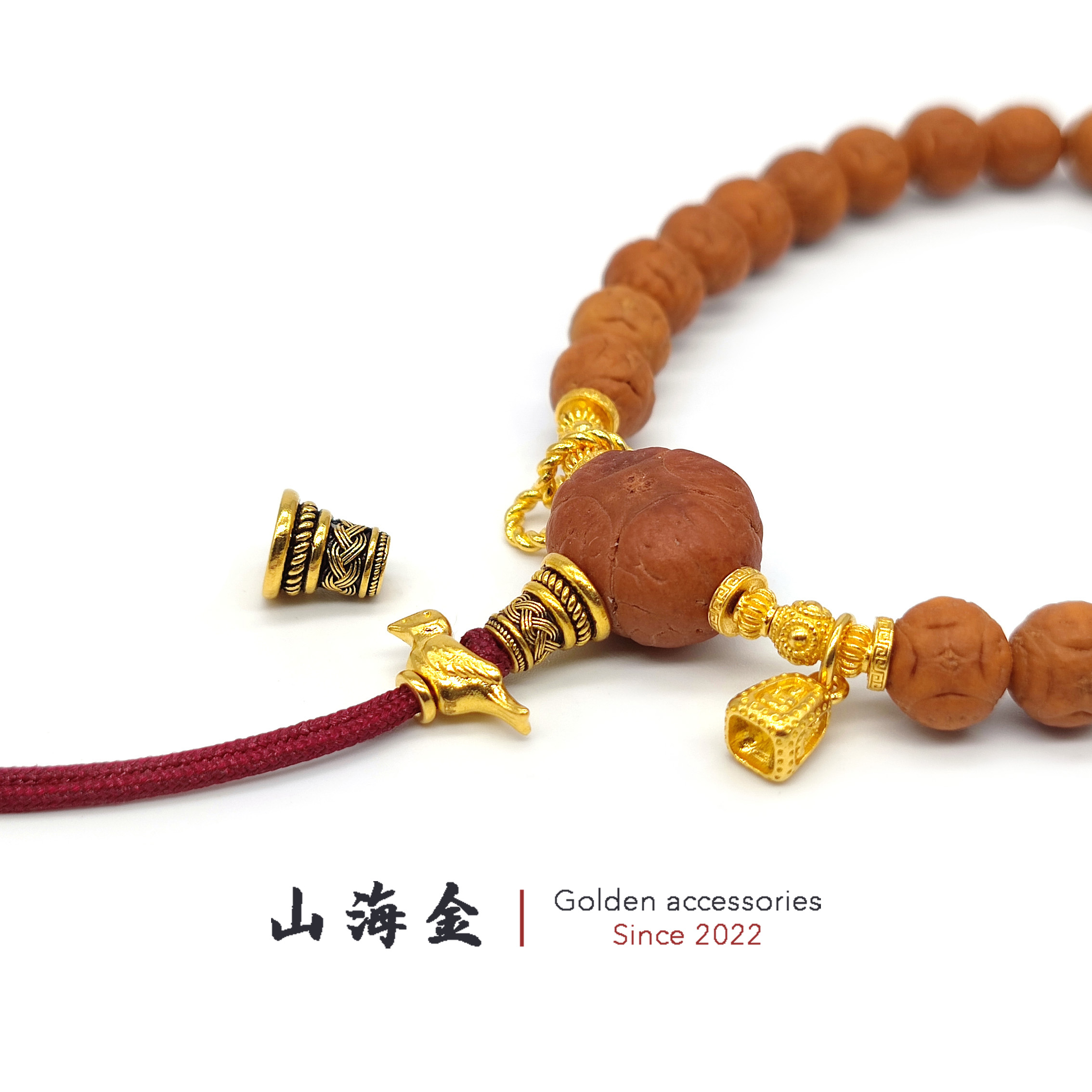 山海金 24K黄金999足金吉祥佛塔百香凤眼三通佛头黑金塔手串配饰