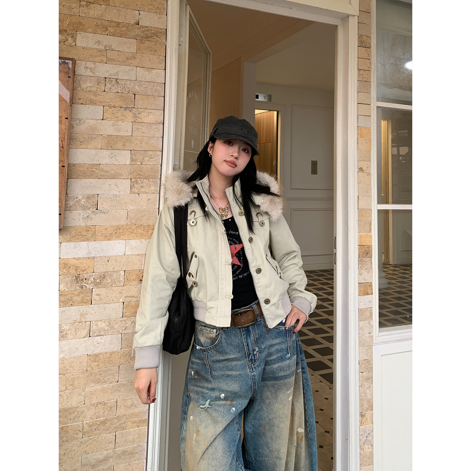 木子羊 vintage美式复古毛领外套男女秋季修身设计感短款夹克