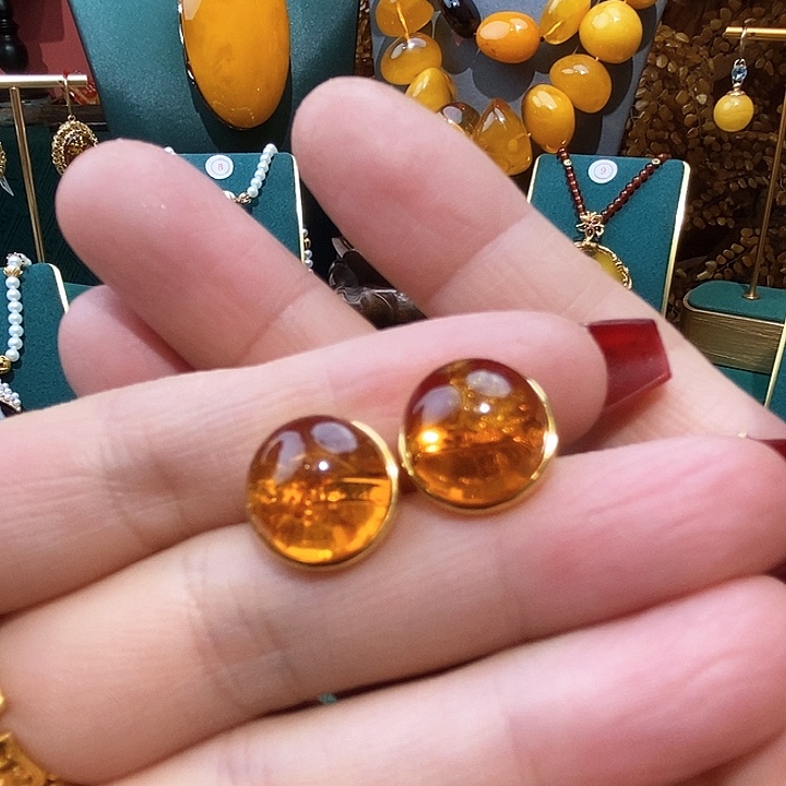 琥珀（花珀）耳饰银S925镀金镶嵌