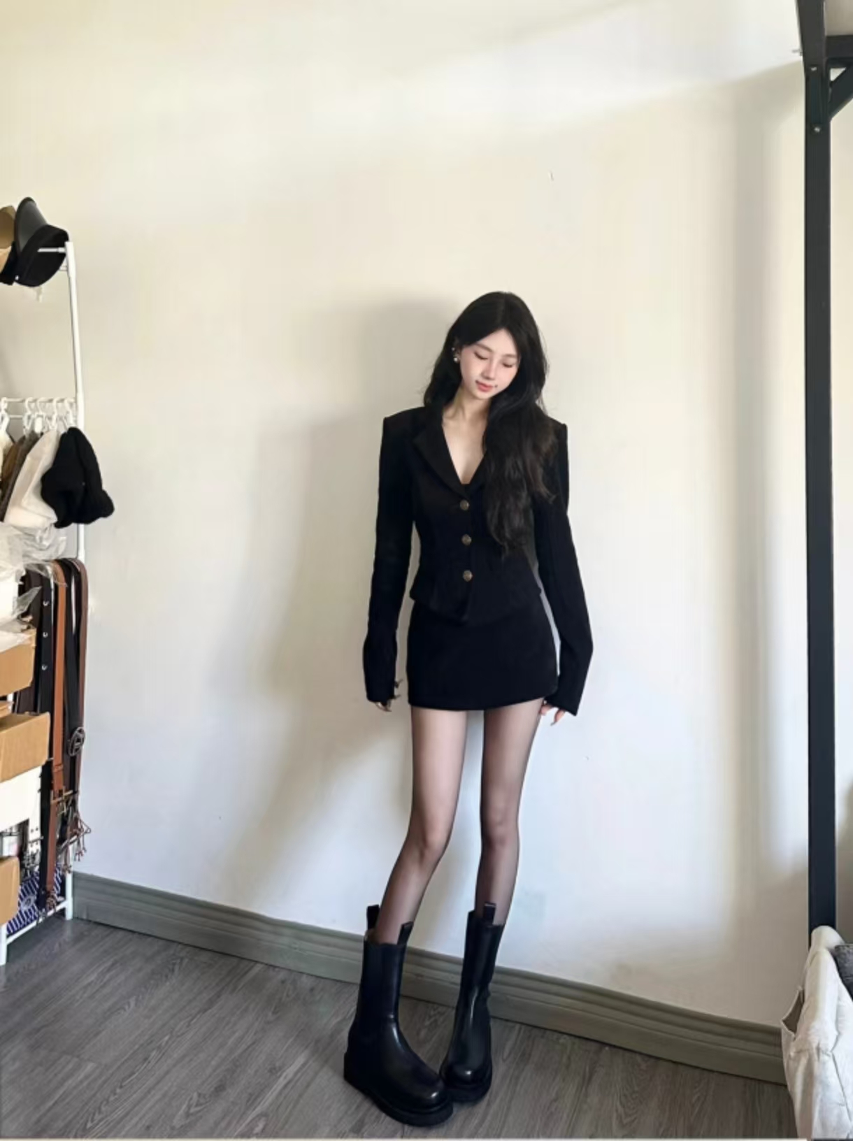 笑姐-简约通勤通勤千金风韩版时尚套装连衣裙黑色百搭短款