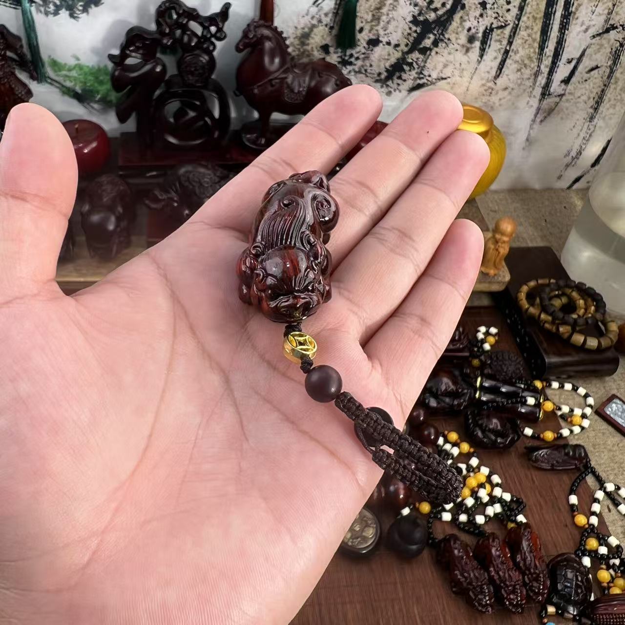 紫檀木【小貔貅钥匙扣】实木雕刻瑞兽貔貅手机钥匙扣