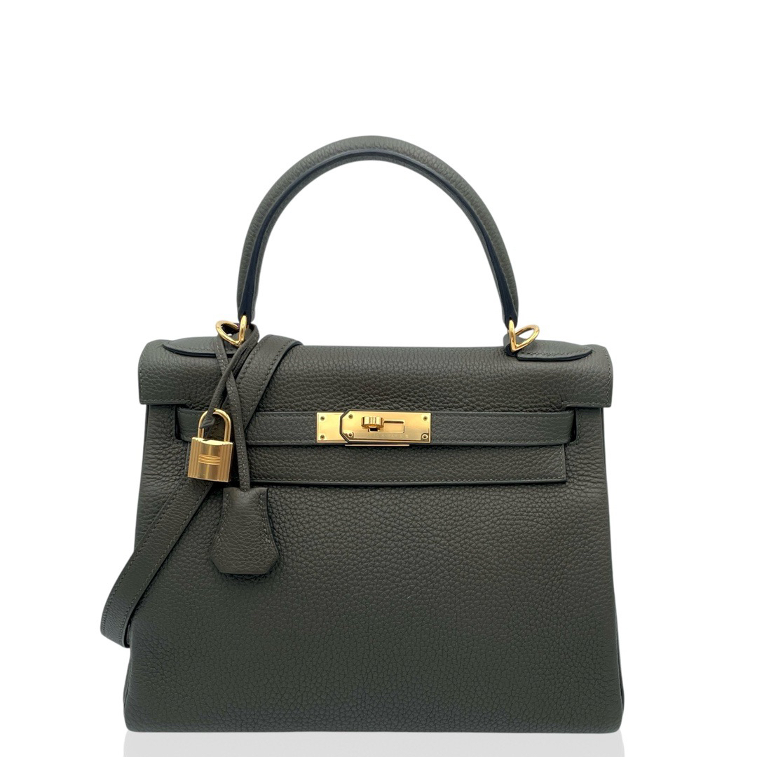 99新 Hermes/爱马仕 kelly28 Y togo C6 灰绿色金扣 jd0218b0